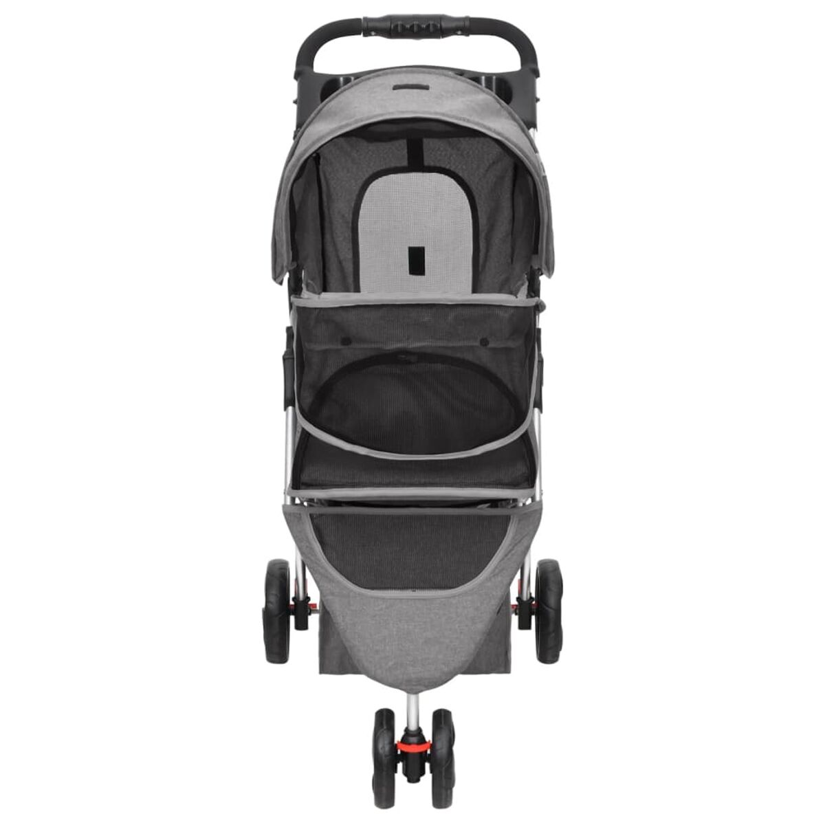 Ein grauer Haustier-Kinderwagen. Er hat ein Mesh-Top und einen Korb am Boden.