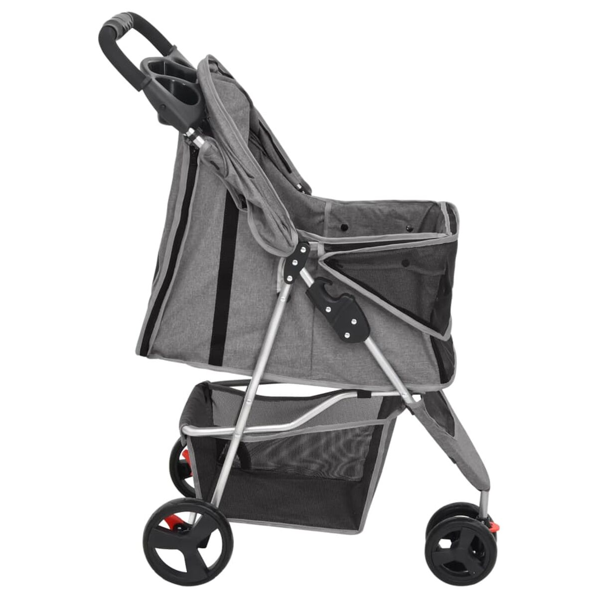 Ein grauer Haustier-Kinderwagen mit schwarzen Akzenten und einem Aufbewahrungskorb. Er hat vier Räder.