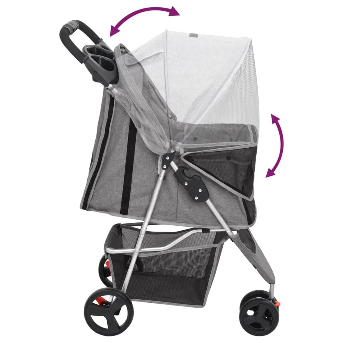 Grauer Tierkinderwagen mit faltbarem Verdeck, Korb unten und Becherhaltern am Griff.