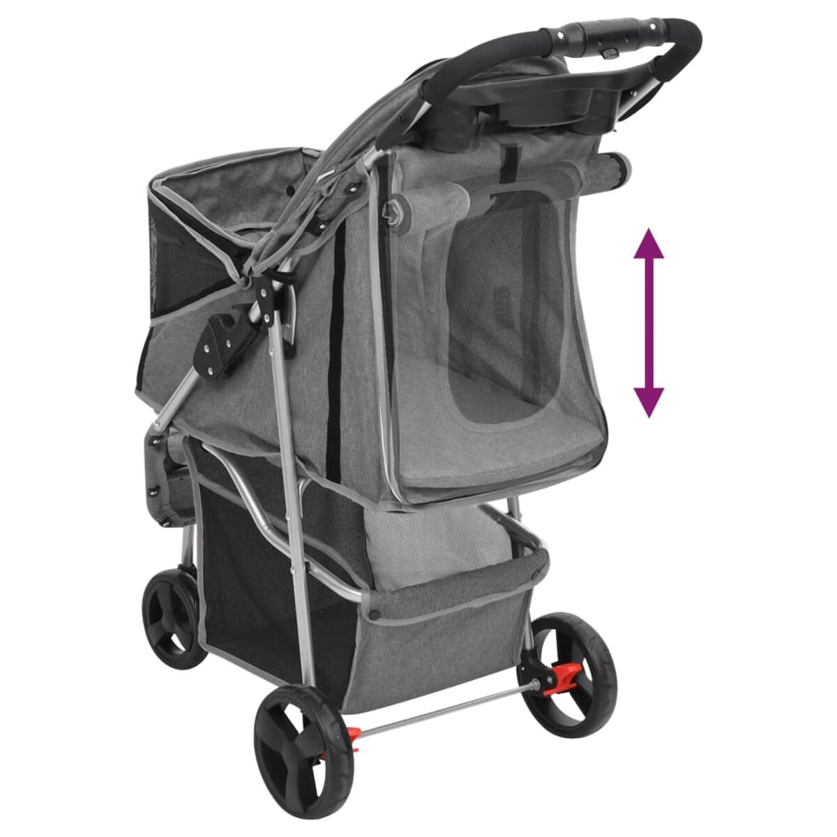 Grauer Haustier-Kinderwagen mit schwarzen Rädern und einem Netzfenster.