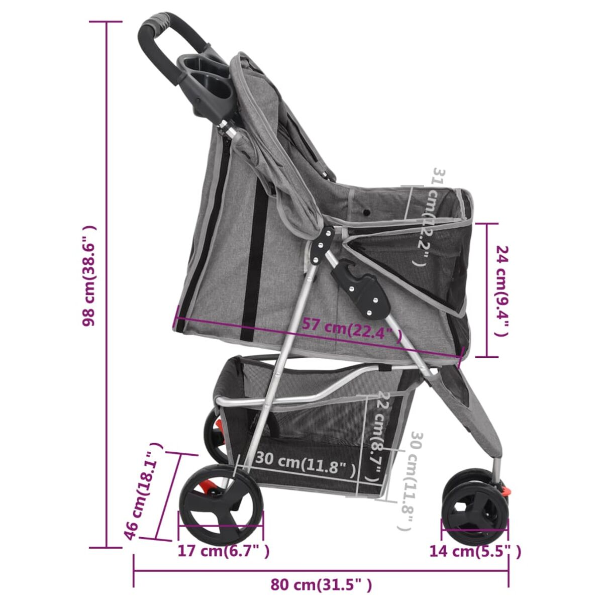 Grauer Haustier-Kinderwagen mit Abmessungen. Mit Rädern, Stauraum und Griff.