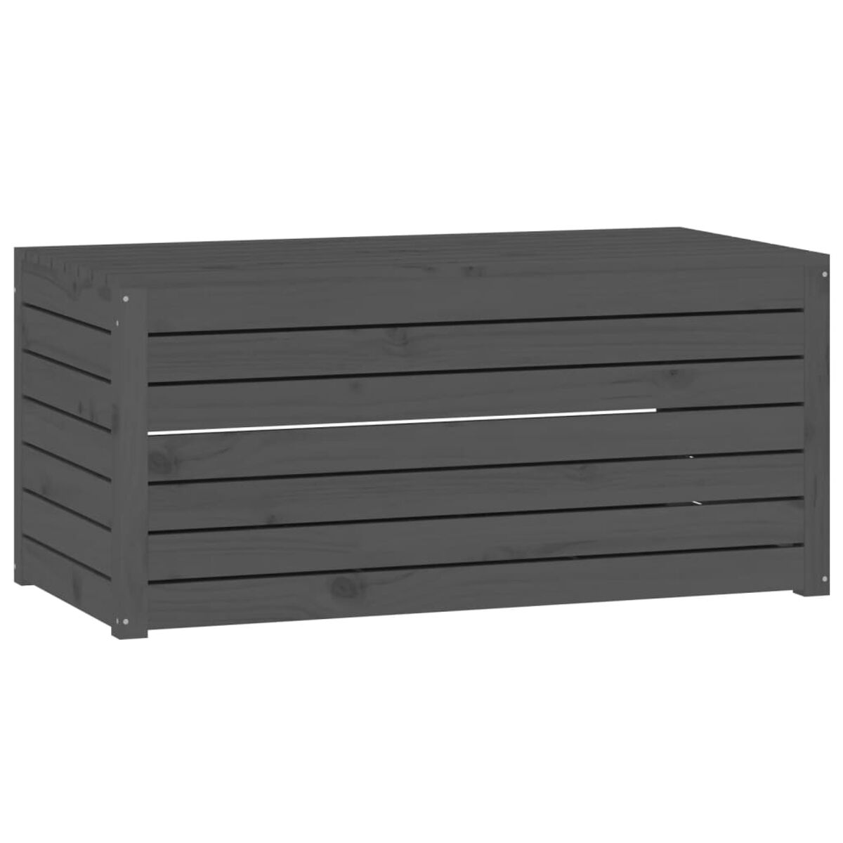 Eine dunkelgraue Holzaufbewahrungsbox mit horizontalen Lamellen.