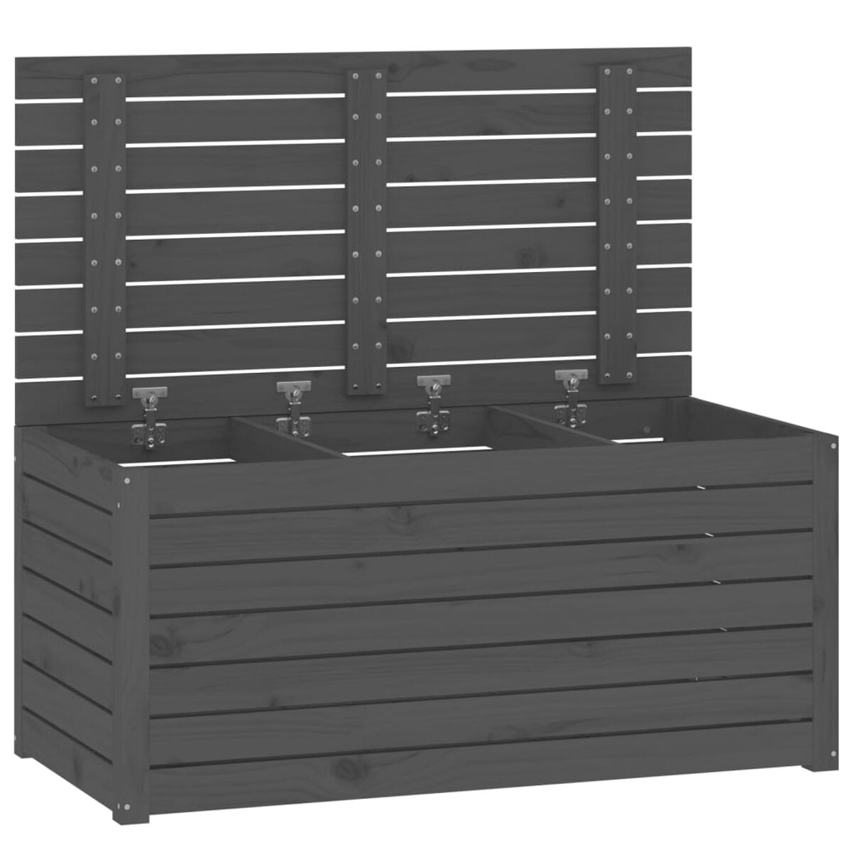 Eine dunkelgraue Holz-Aufbewahrungsbox mit offenem Deckel. Der Deckel hat drei Abschnitte, die Box ist leer.