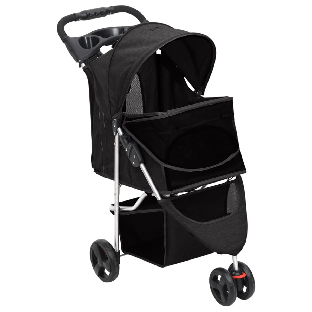 Schwarzer Haustier-Kinderwagen mit Verdeck, Becherhalter und Aufbewahrungskorb, weißer Hintergrund.
