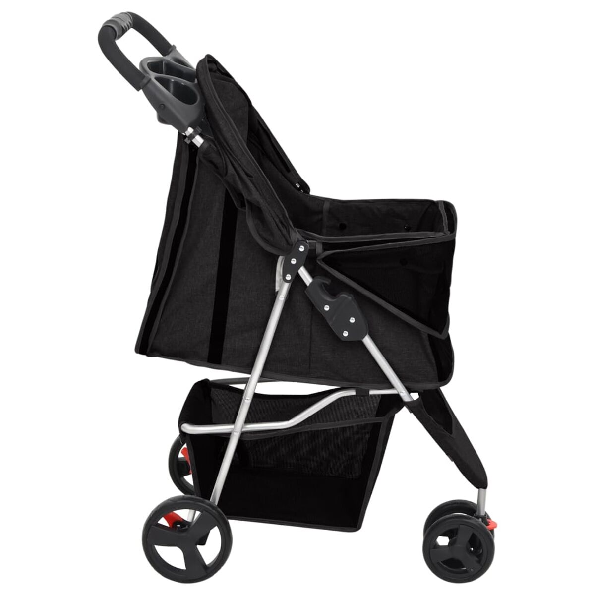 Schwarzer Haustier-Kinderwagen mit Aufbewahrungskorb, von der Seite betrachtet, auf weißem Hintergrund.