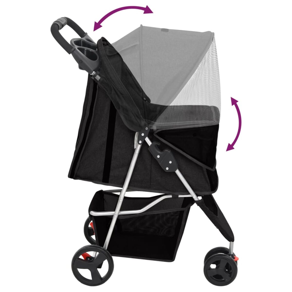 Schwarzer Haustier-Kinderwagen. Schwarzer Stoff, silberner Rahmen, verstellbar.
