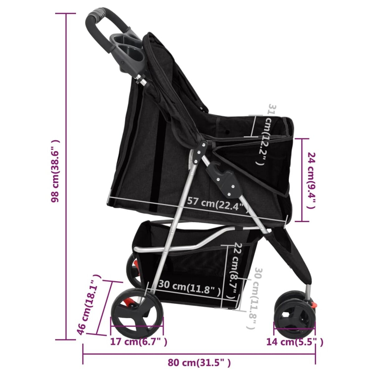 Schwarzer Tierbuggy mit Becherhaltern. Er hat mit Pfeilen versehene Abmessungen. Räder unten.