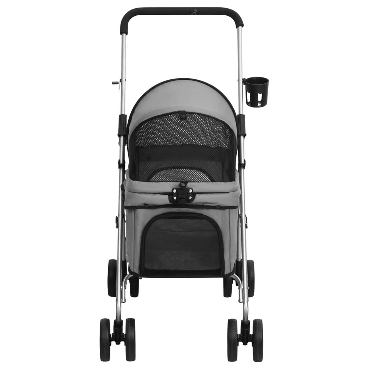 Grauer Tierkinderwagen mit schwarzen Netzfenstern, vier Rädern, Griff und Becherhalter.