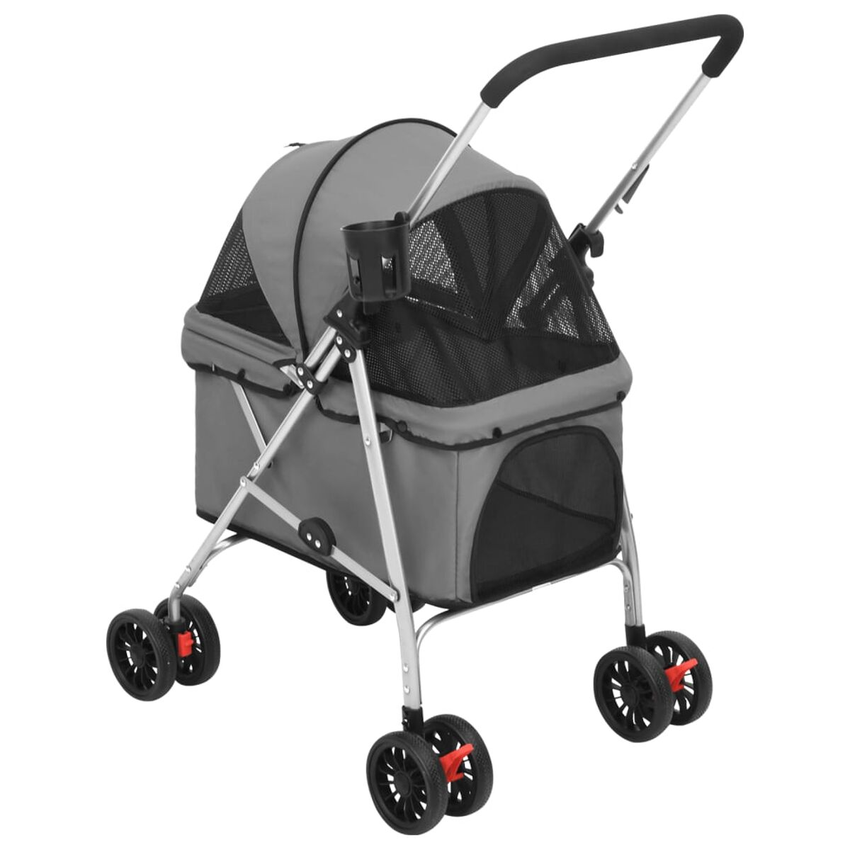 Ein grauer Tier-Kinderwagen mit Getränkehalter und Netzfenster auf weißem Grund.