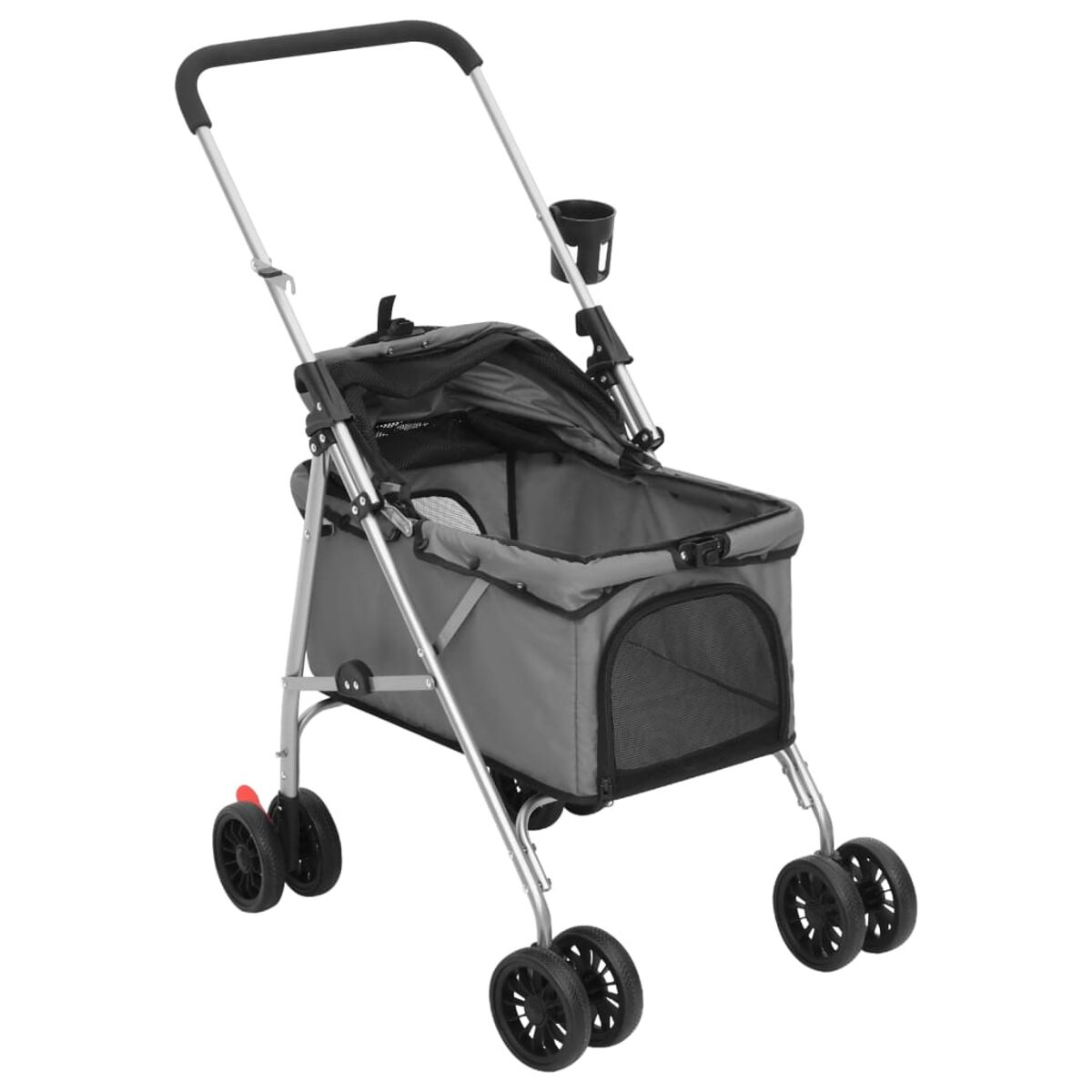 Ein grauer Haustier-Kinderwagen mit Griff, Becherhalter und Aufbewahrungskorb. Er hat vier Räder.