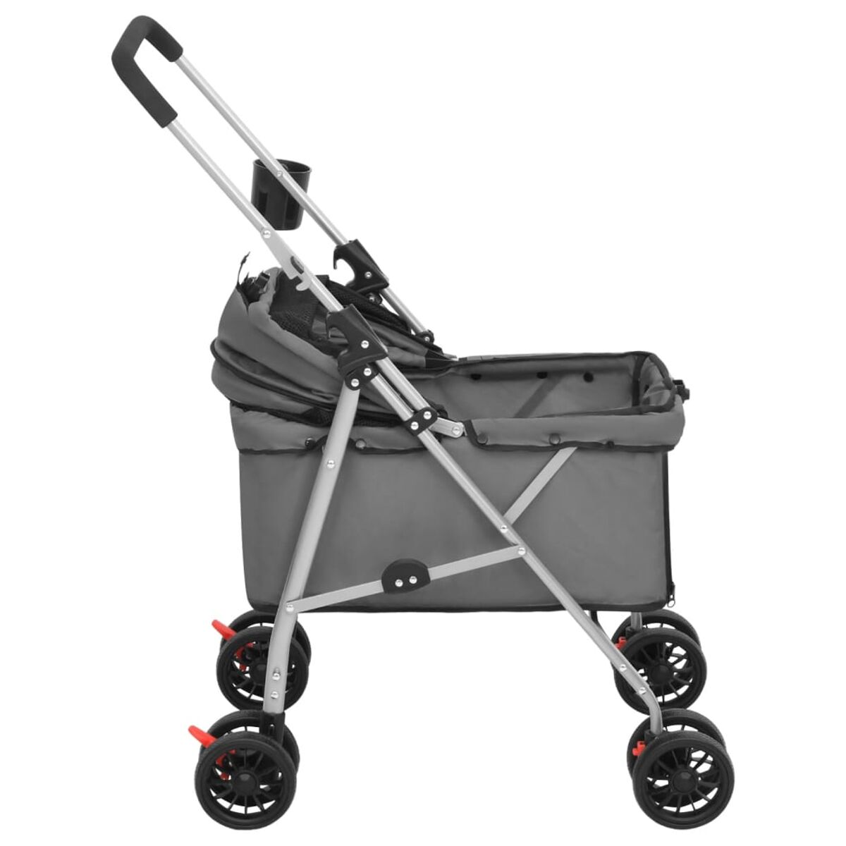 Grauer Tierbuggy mit Griff und Getränkehalter.