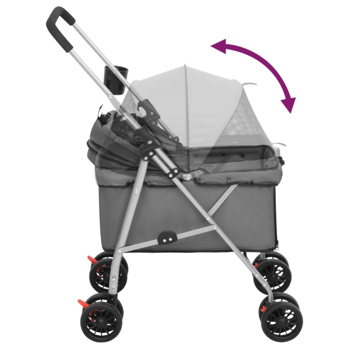 Ein grauer Tier-Buggy mit Verdeck ist in Seitenansicht gezeigt. Ein Pfeil zeigt, dass das Verdeck geöffnet werden kann.