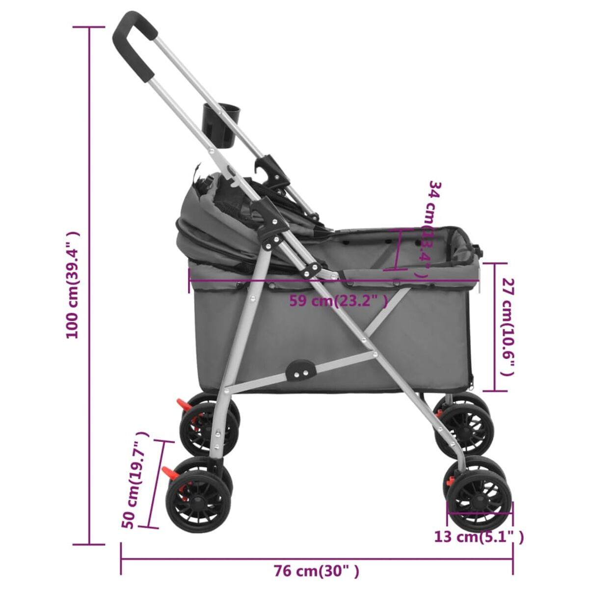 Grauer Tierkinderwagen mit Maßen, Seitenansicht, Räder, Griff und Verdeck.
