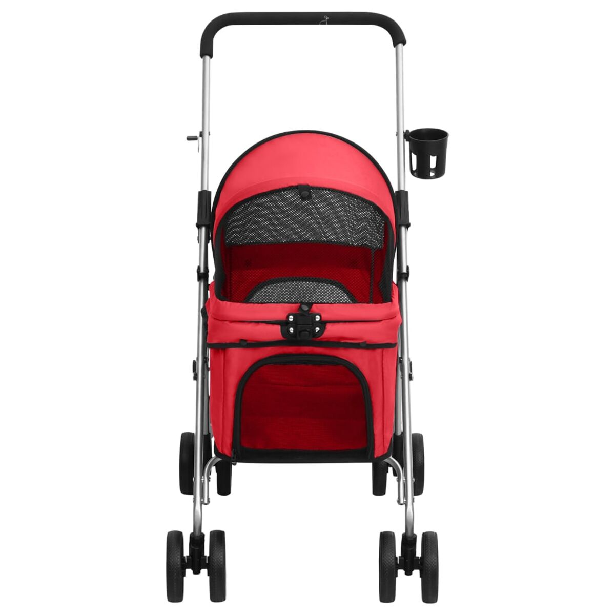 Roter Haustier-Kinderwagen mit schwarzen Akzenten, vier Rädern und einem Griff.