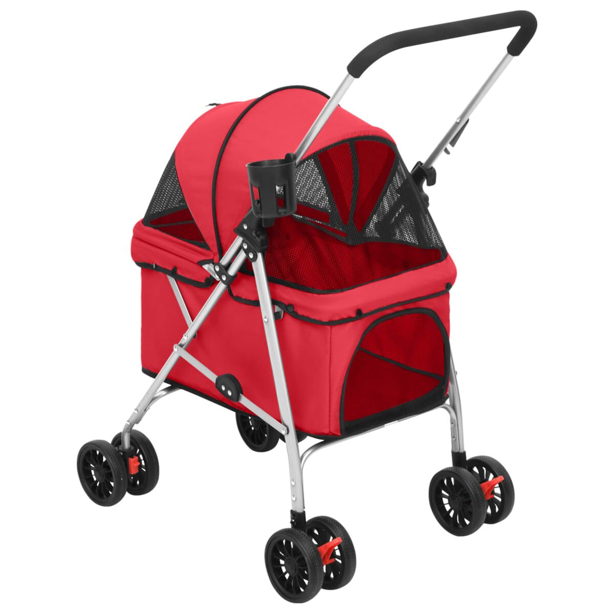 Roter Haustierkinderwagen mit schwarzen Rädern und einem schwarzen Griff. Er hat ein rotes Verdeck und einen Getränkehalter.