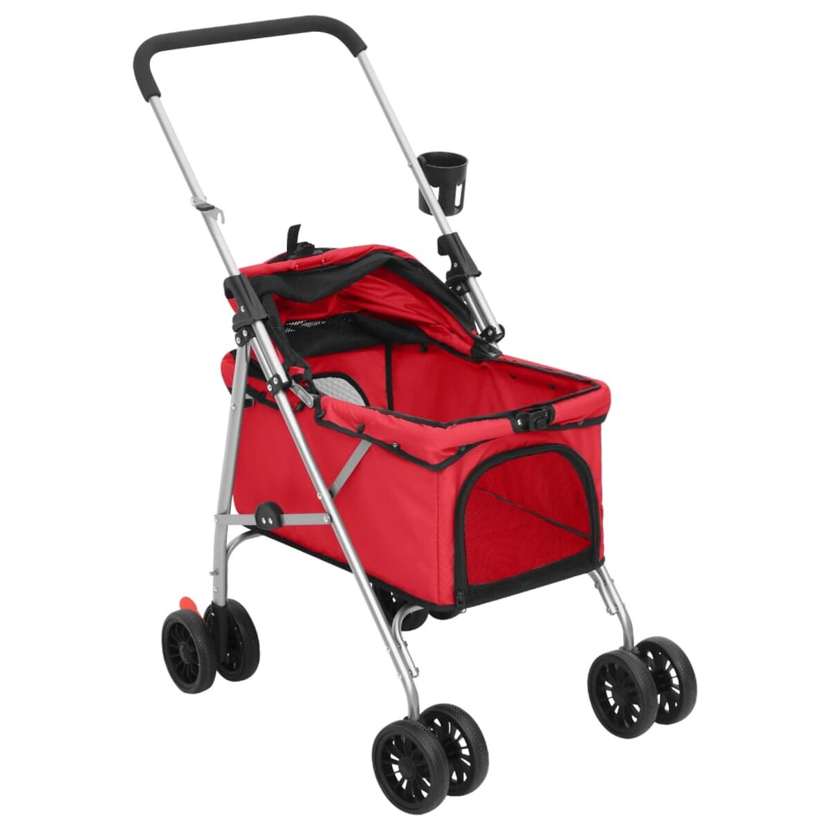 Roter Tierkinderwagen mit schwarzen Rädern und einem Getränkehalter.