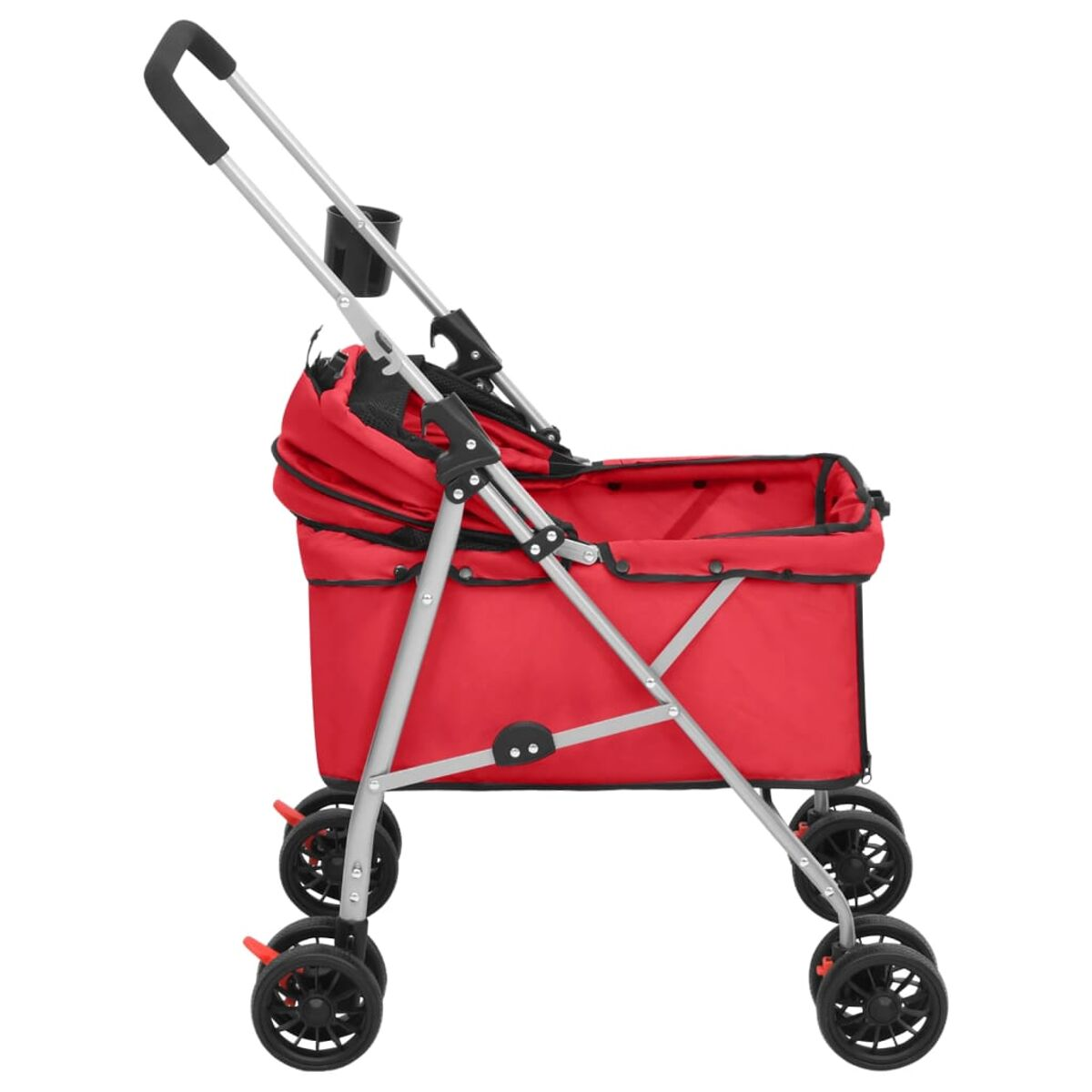 Roter Tierkinderwagen mit schwarzen Akzenten, vier Rädern und einem Griff.