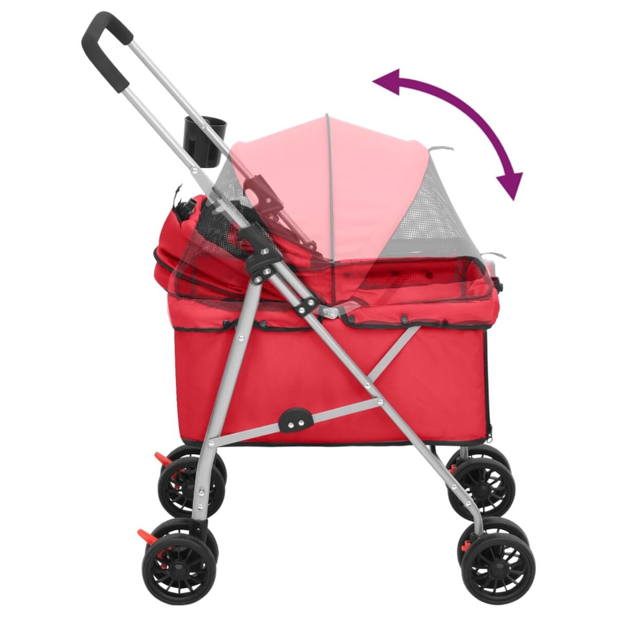 Roter Haustier-Kinderwagen mit Verdeck. Er hat vier Räder und einen Griff.