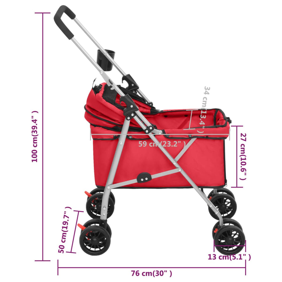 Ein roter Haustier-Kinderwagen mit Abmessungen. Er hat 4 Räder, ein Verdeck, einen Griff und einen Becherhalter.