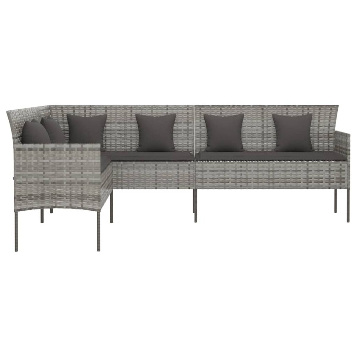 Graues Ecksofa aus Korbgeflecht mit Kissen, L-förmig. Weißer Hintergrund.