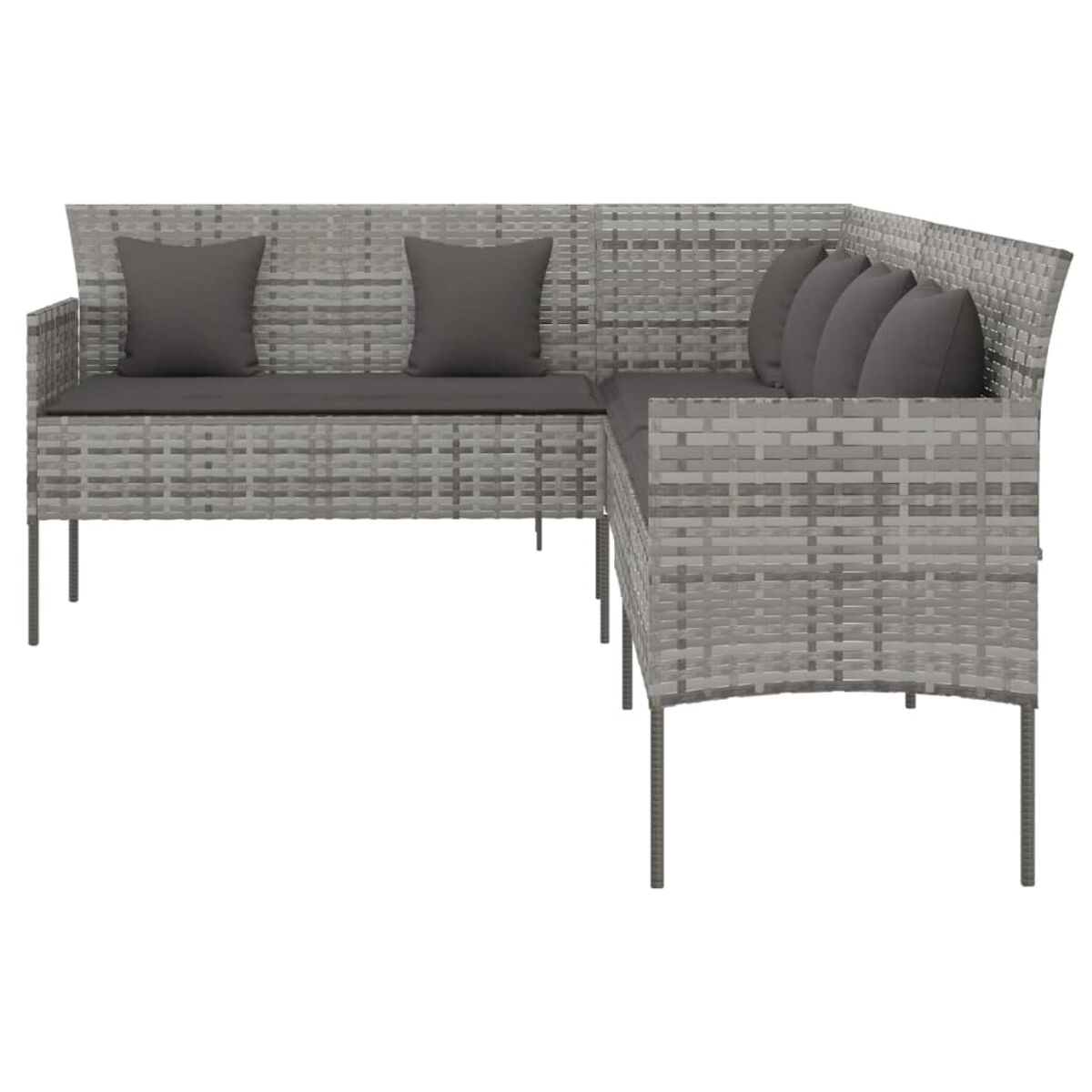 Graues Ecksofa aus Rattan mit grauen Kissen, in einer Ecke angeordnet. Metallbeine.