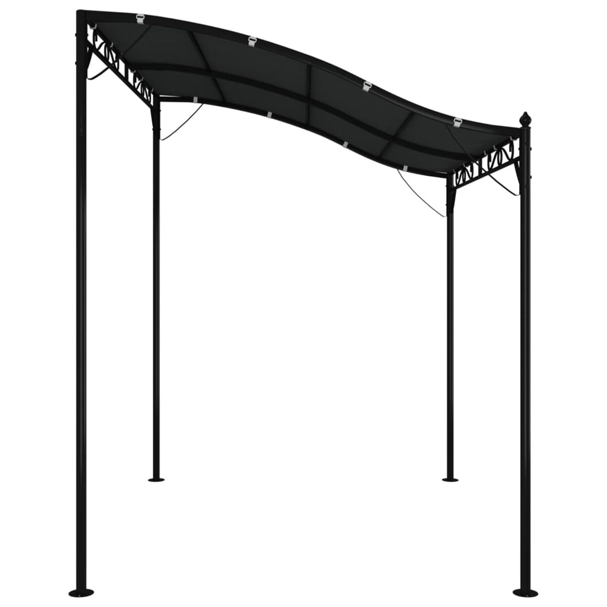 Eine schwarze Metallpergola mit einem dunkelgrauen Baldachin. Sie hat vier schwarze Stützbalken.