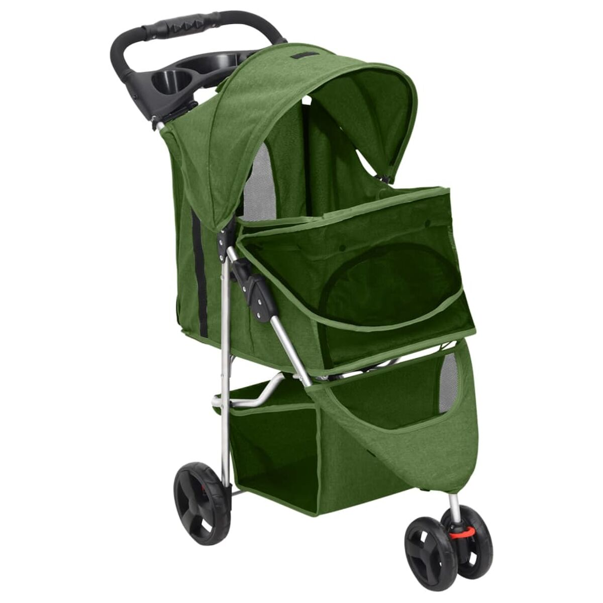 Grüner Haustier-Kinderwagen mit Verdeck, Griff und Stauraum. Drei Räder sichtbar.