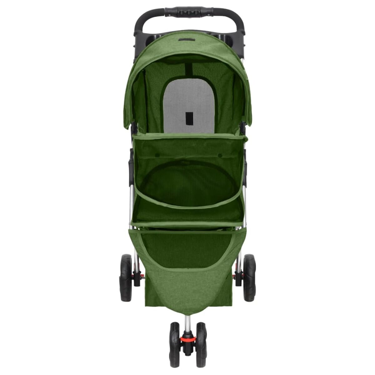 Grüner Haustier-Kinderwagen mit Griff und Rädern. Enthält ein Verdeck und einen Aufbewahrungskorb.
