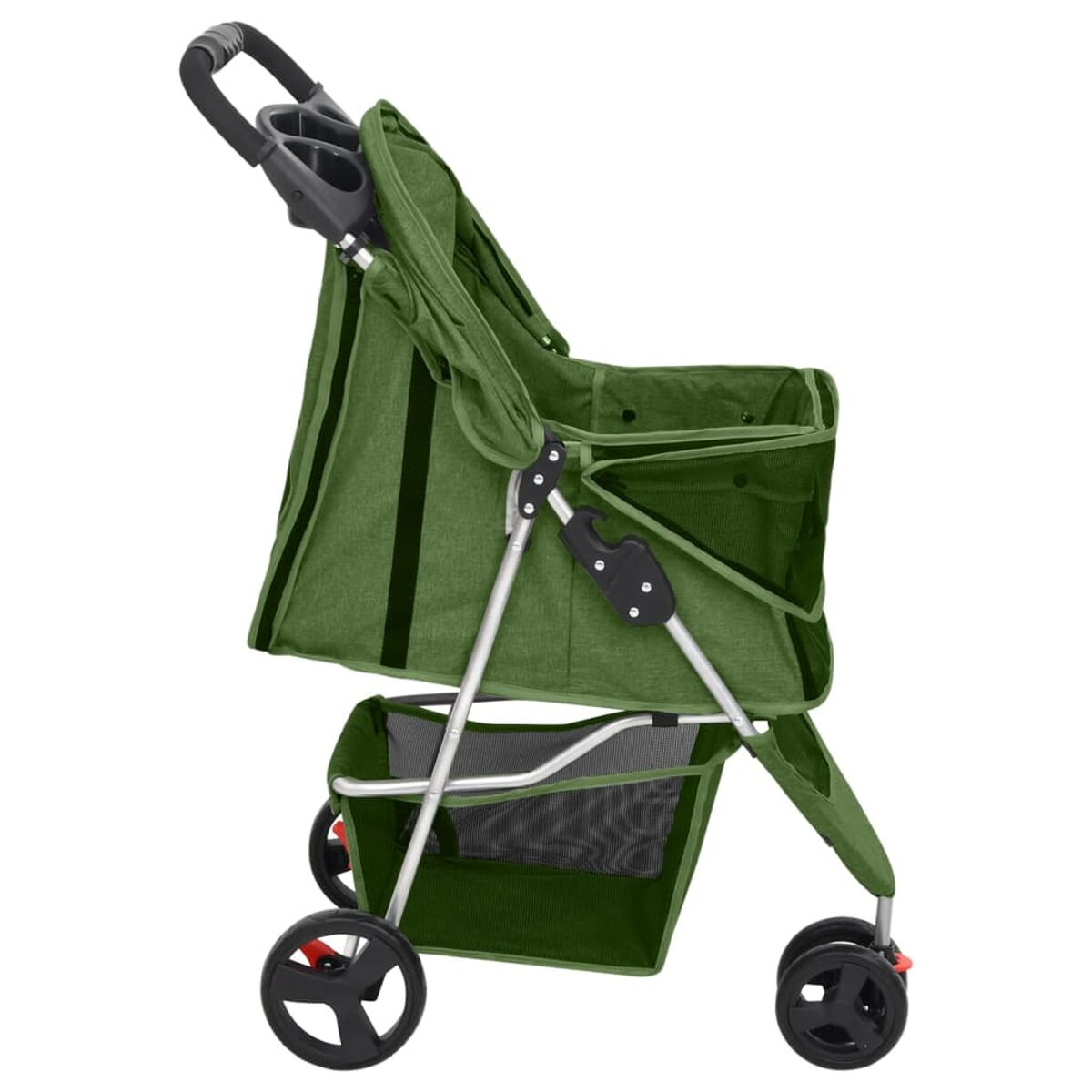 Ein grüner Haustier-Kinderwagen mit Griff, Becherhaltern und einem Aufbewahrungskorb. Vier Räder.