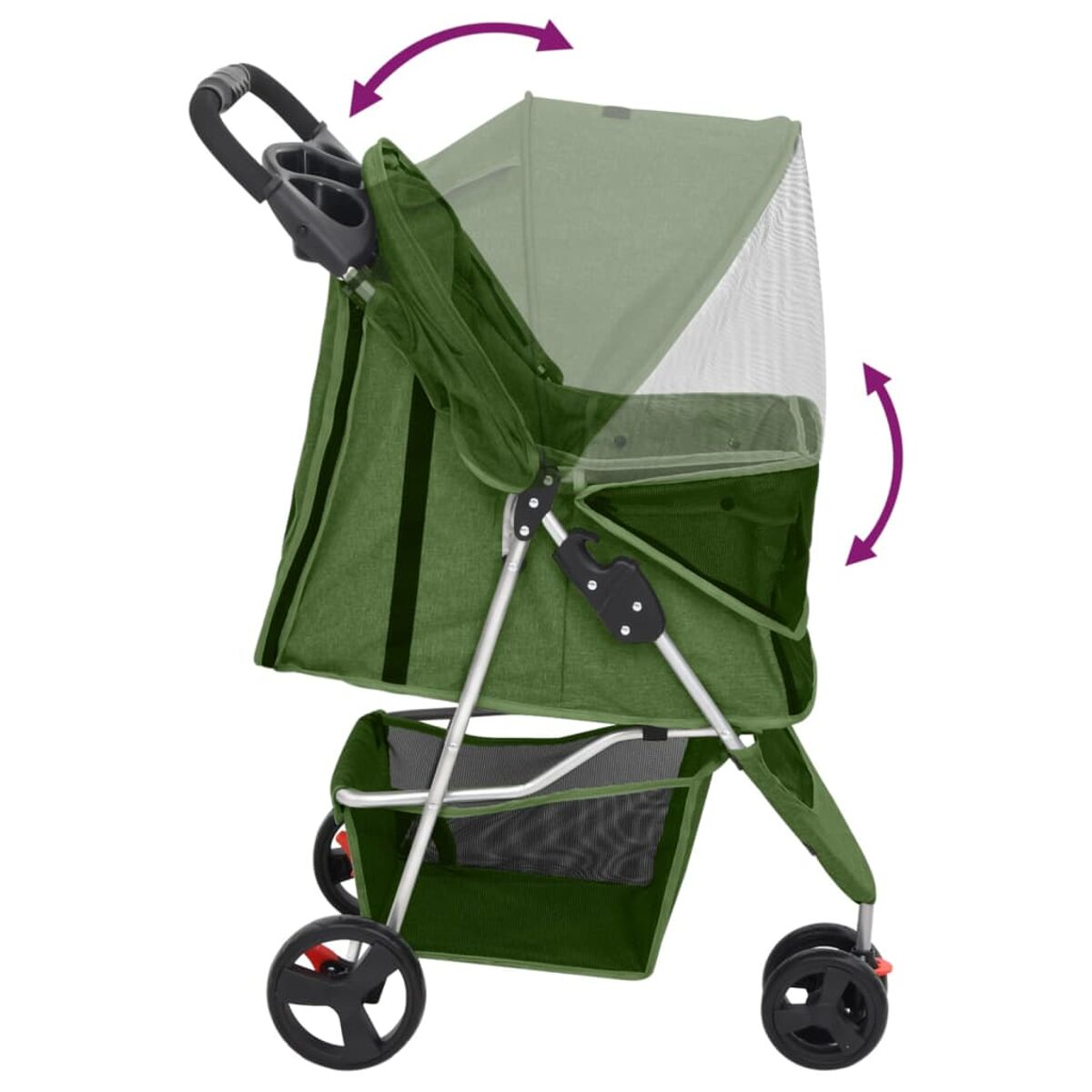 Grüner Hundewagen. Das Oberteil ist verstellbar. Seitenansicht.