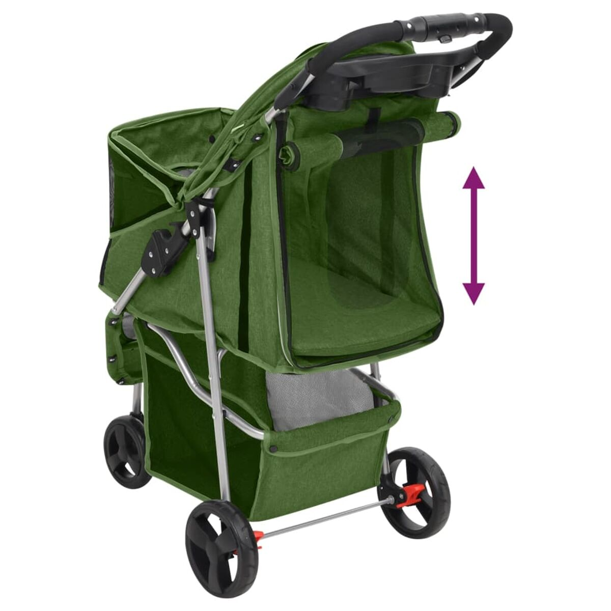 Grüner Tier-Buggy mit verstellbarer Höhe, isoliert auf weißem Hintergrund.