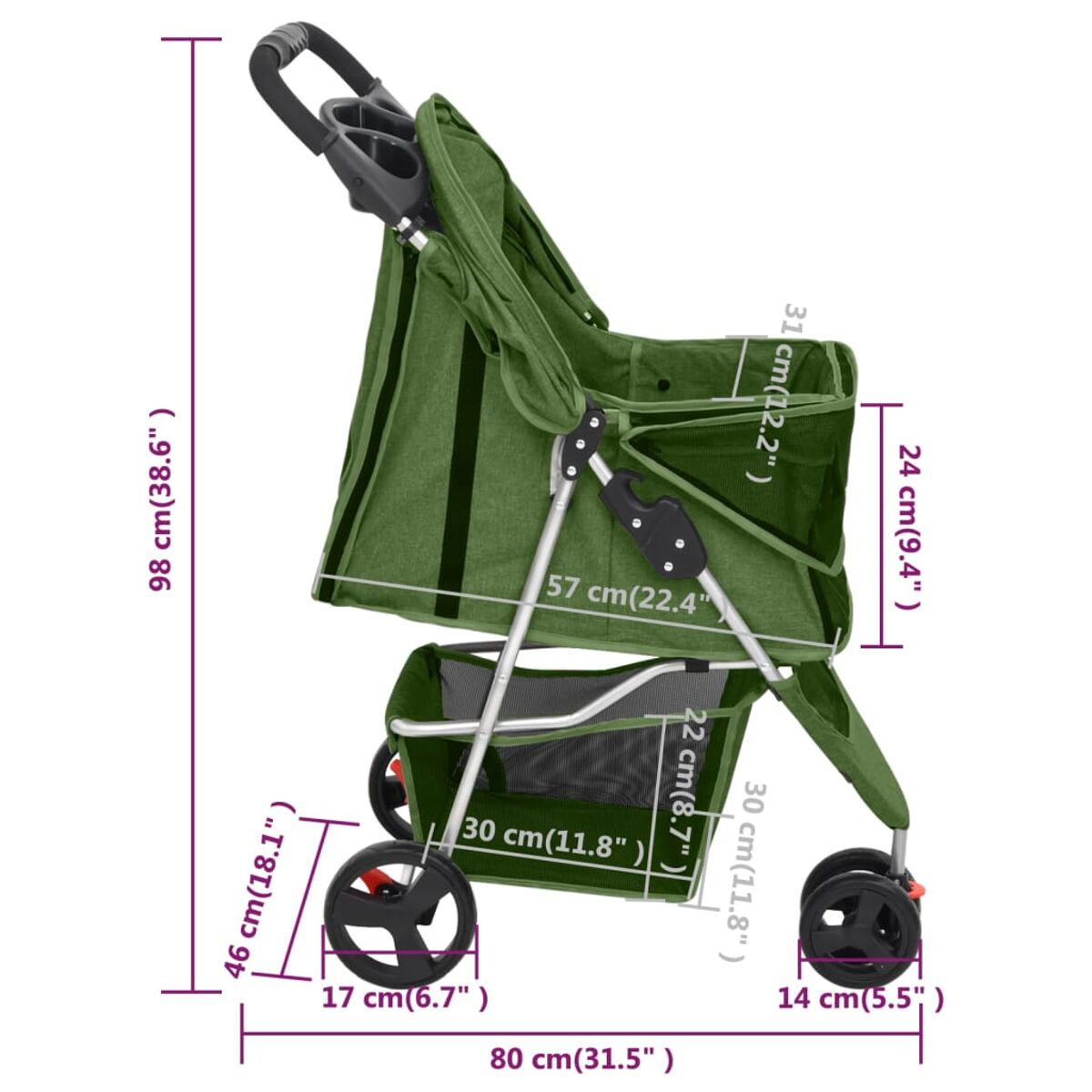 Grüner Haustier-Kinderwagen mit Maßen. Verfügt über ein Staufach und Räder.
