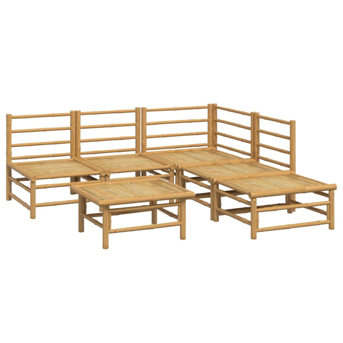 Bambus-Gartenmöbel-Set mit Tisch und Sitzgelegenheiten für sechs Personen auf Weiß.