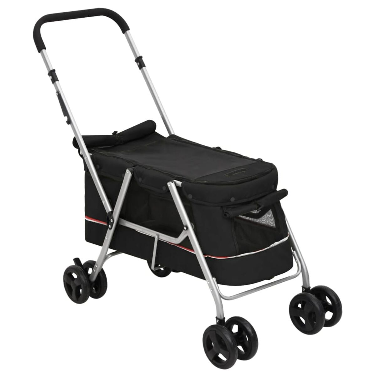 Schwarzer Tier-Buggy mit silbernem Rahmen. Schwarze Räder. Weißer Hintergrund.