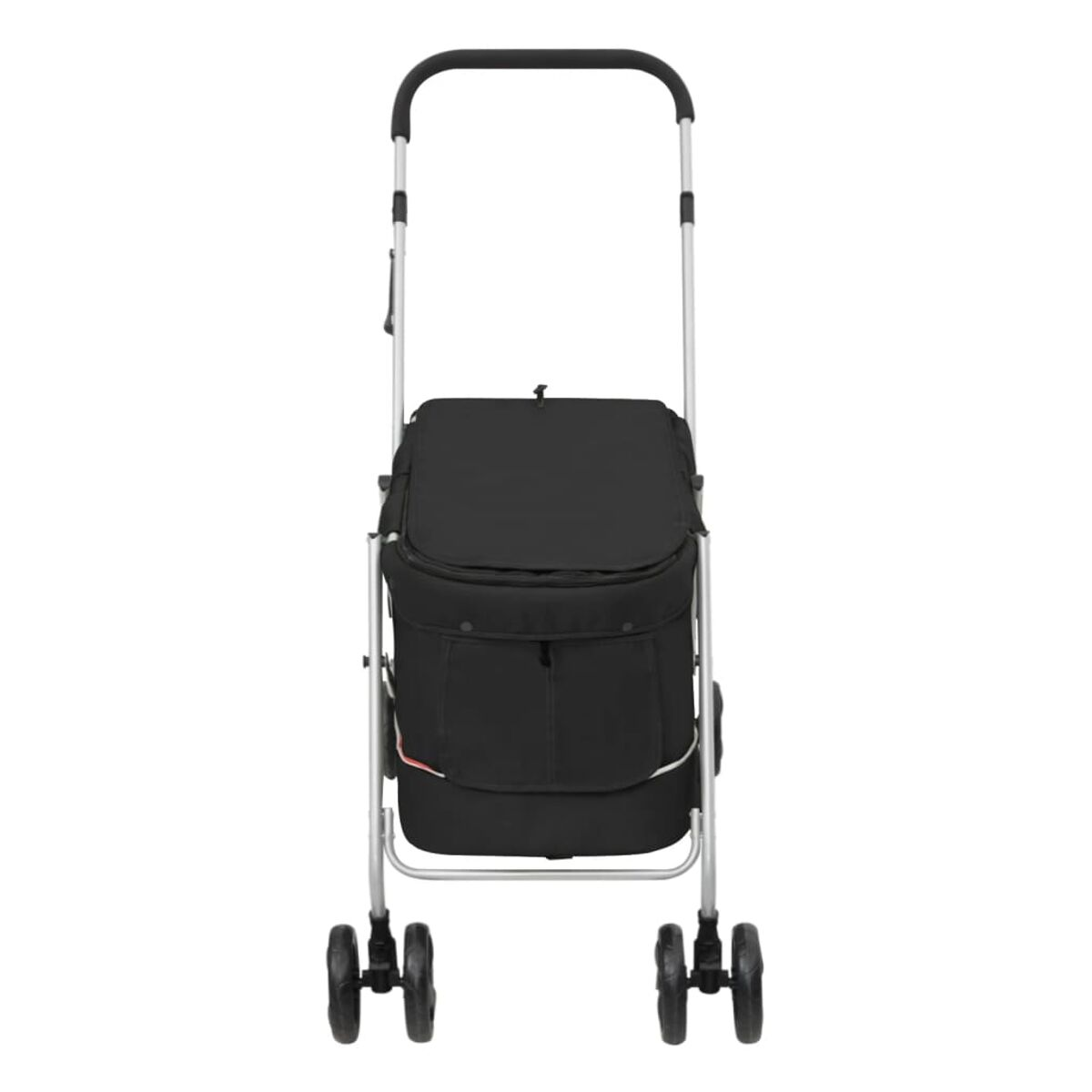 Schwarzer zusammenklappbarer Einkaufswagen mit schwarzer isolierter Tasche. Er hat einen Griff und vier Räder.