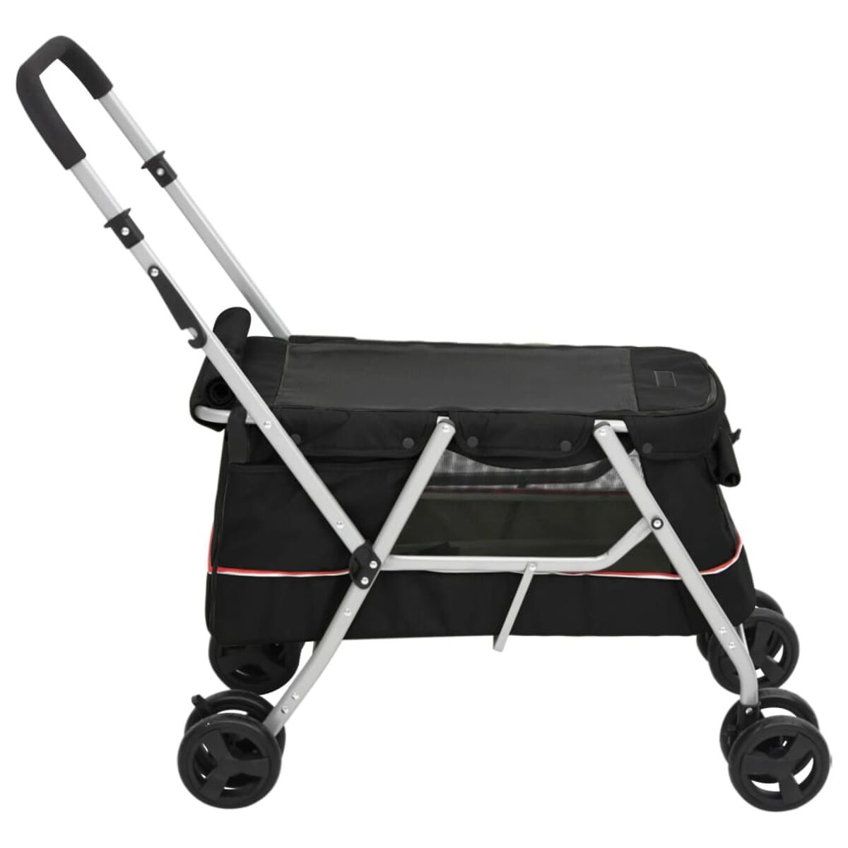 Schwarzer Tierkinderwagen mit schwarzem Innenraum und silbernem Rahmen.