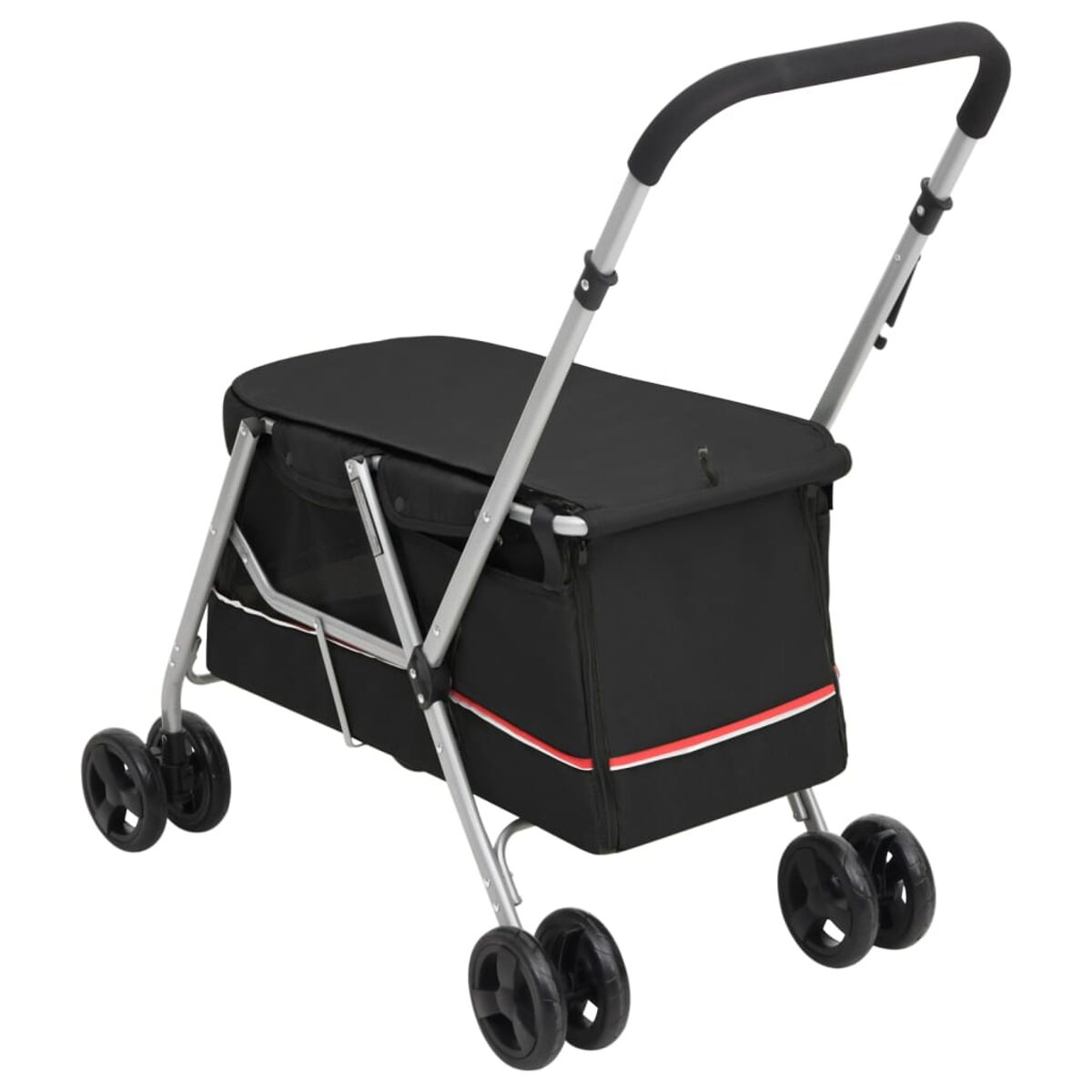 Schwarzer Tierstroller mit vier Rädern. Er hat ein schwarzes Stofffach und einen Griff.