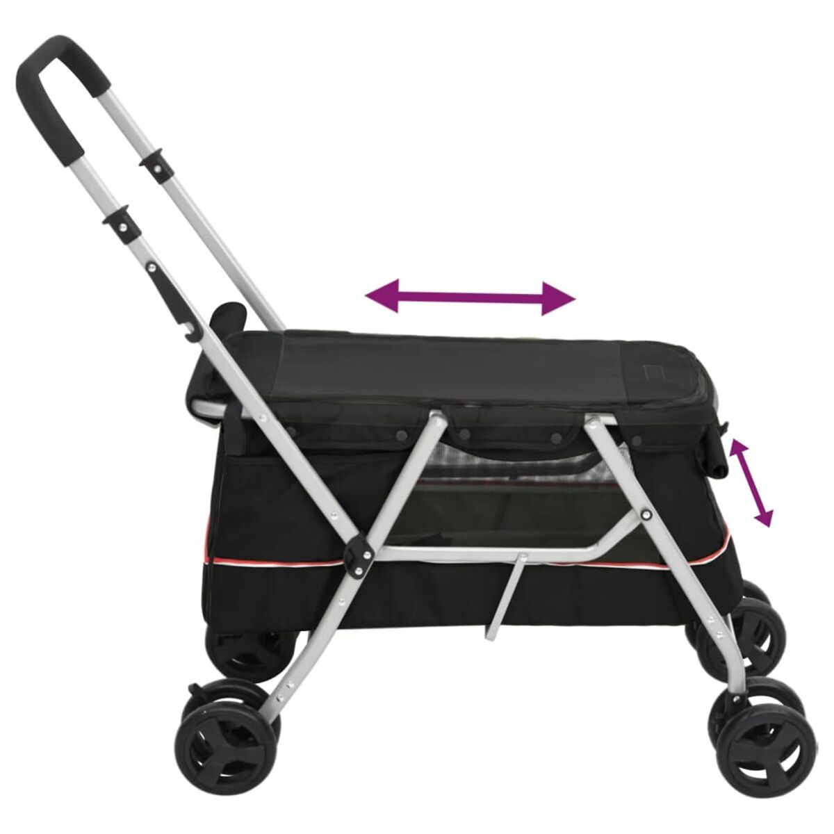 Schwarzer Tierkinderwagen mit Griff und vier Rädern, auf weißem Hintergrund.