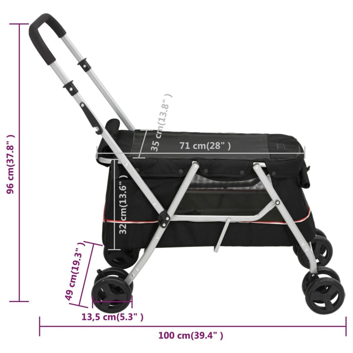 Ein schwarzer und silberner Tierstroller mit angezeigten Abmessungen.