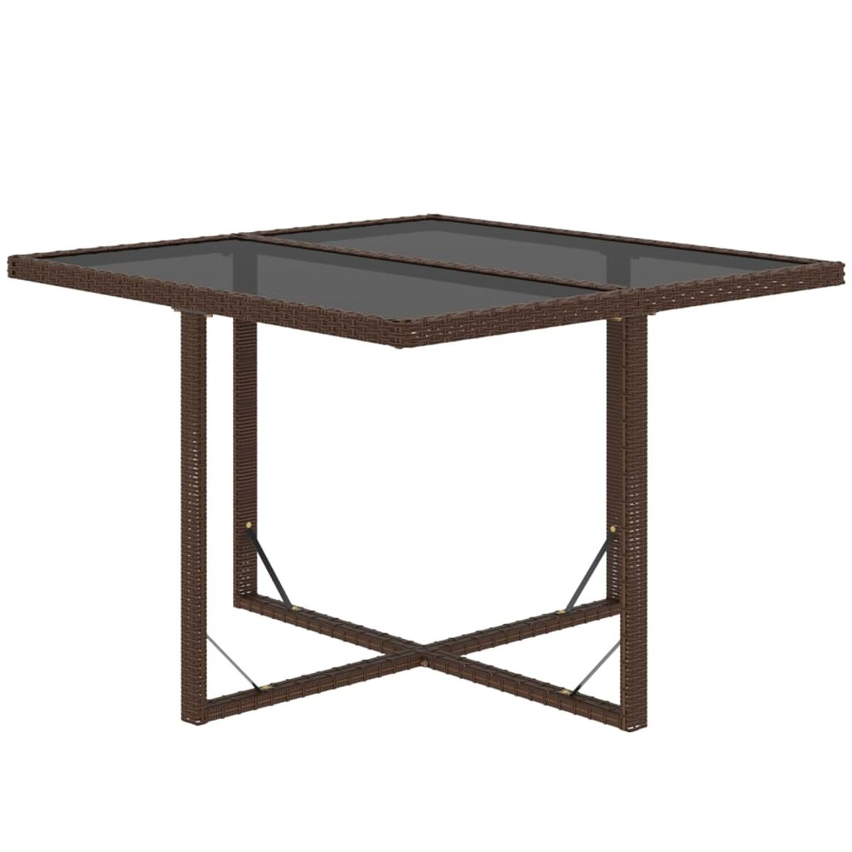 Ein brauner Rattantisch mit Glasplatte. Der Tisch hat eine quadratische Form und ein kreuzförmiges Gestell.