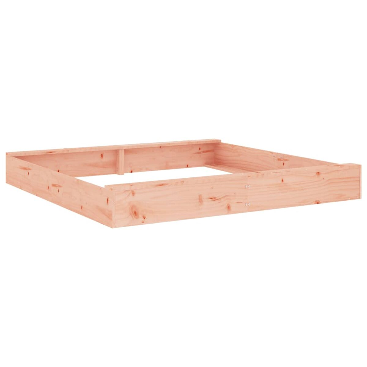 Struttura letto in legno, forma quadrata, profilo basso. Colore legno naturale, design semplice.