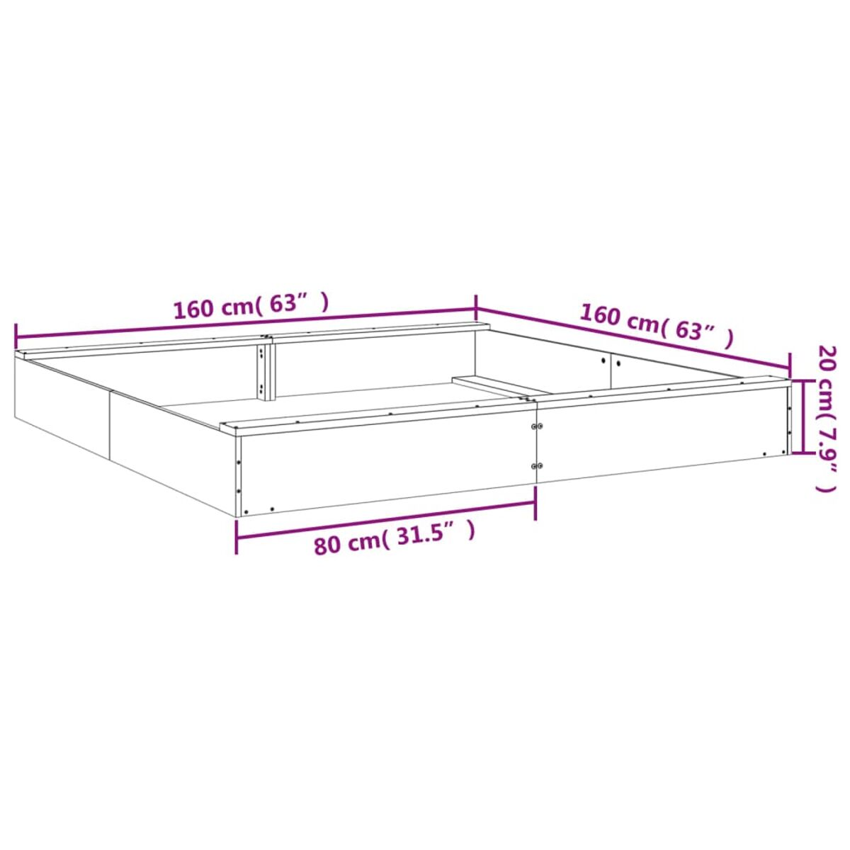 Struttura letto con dimensioni: 160 cm (63") per 160 cm (63") e 80 cm (31,5").