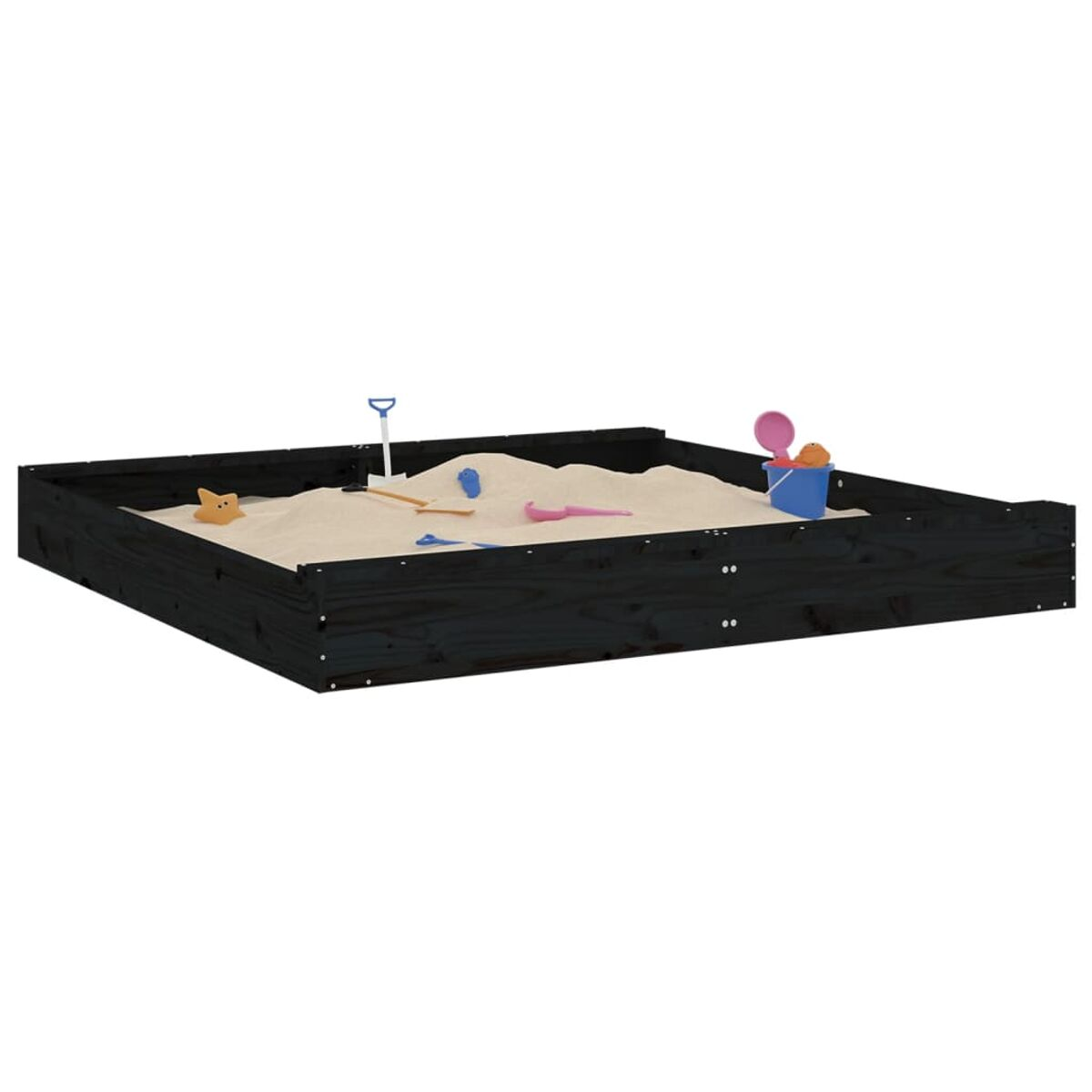 Sandkasten mit Sand und Spielzeug. Enthält Schaufel, Eimer und verschiedene Spielsachen.