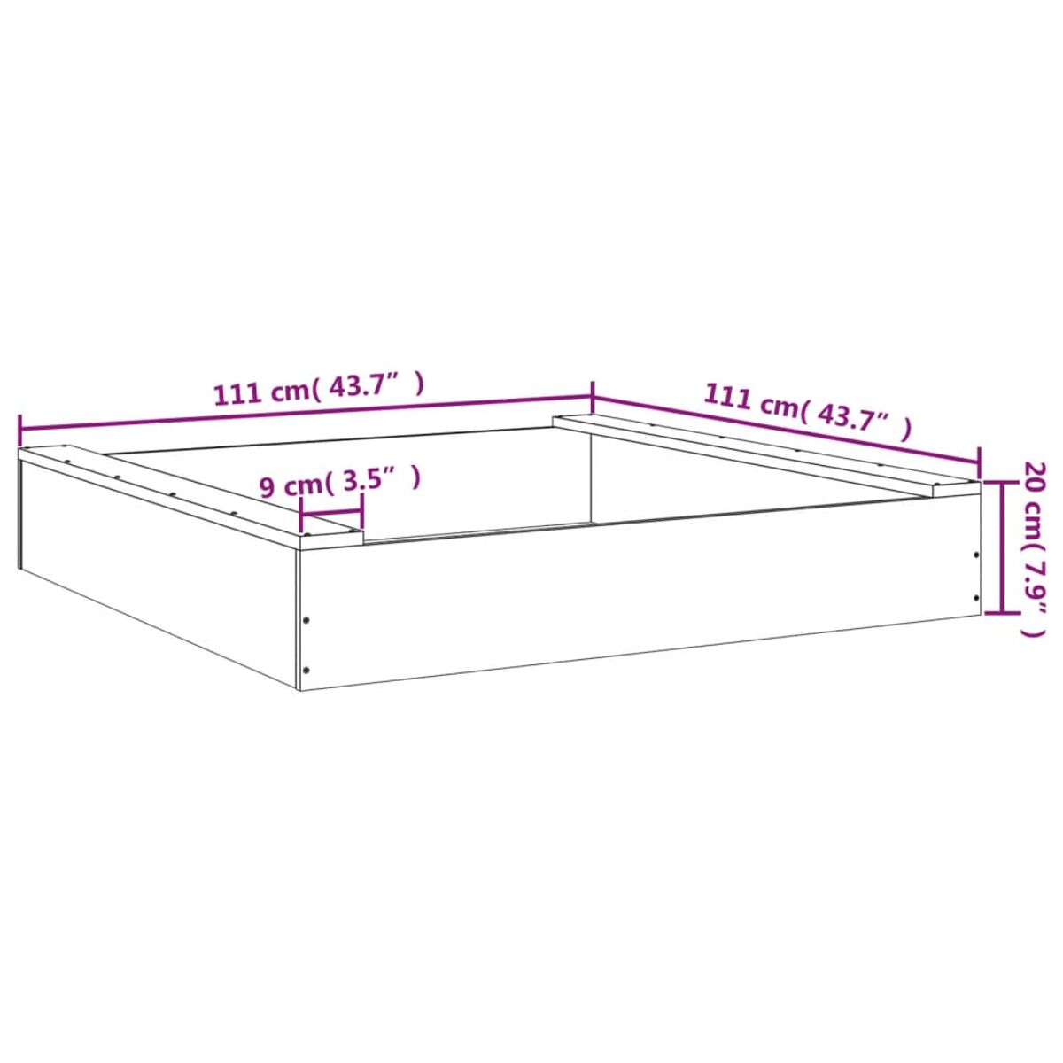 Aiuola rialzata rettangolare in legno, non verniciata. Le dimensioni sono indicate in cm.