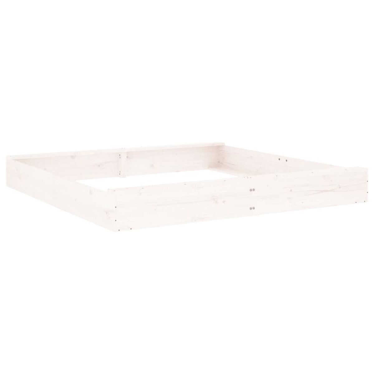 Ein weißer quadratischer Holzrahmen. Der Rahmen hat sichtbare Verbindungen und ist weiß.