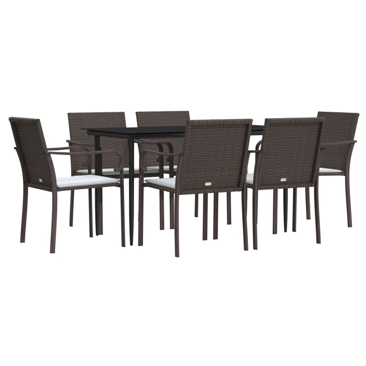Essgruppe im Freien: Tisch und Stühle mit dunkelbraunem Rattan und weißen Kissen.