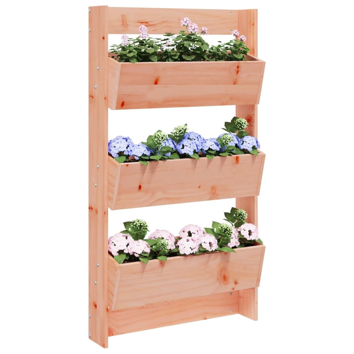 Vertikaler Holzgarten mit drei Blumenkästen, hellbraune Farbe, weißer Hintergrund.