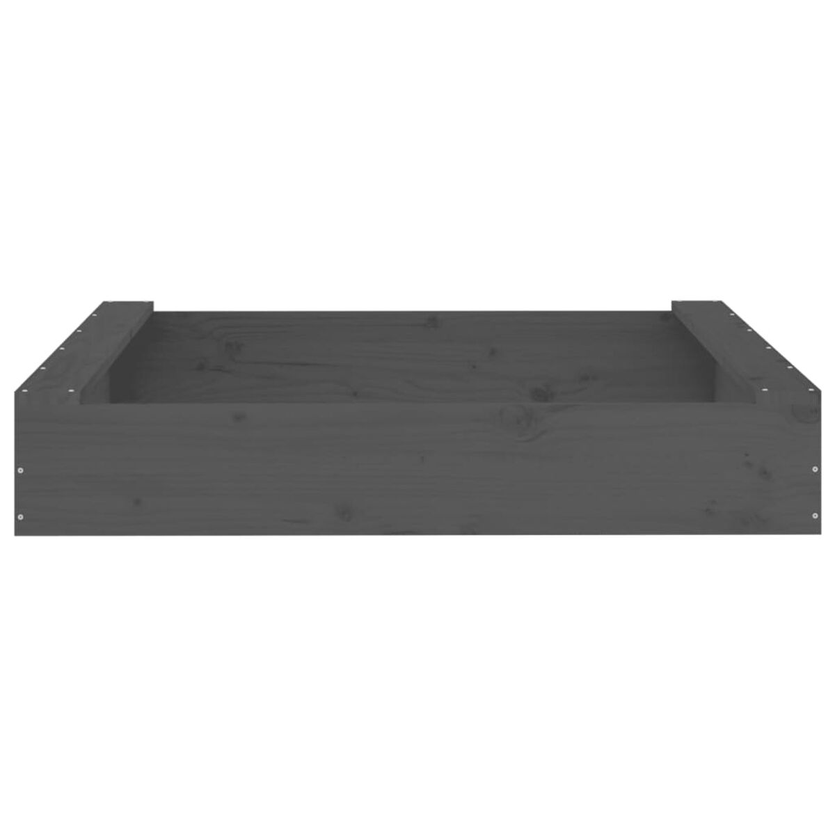 Eine dunkelgraue rechteckige Holzkiste mit offenem Deckel. Das Holz hat eine glatte Oberfläche.