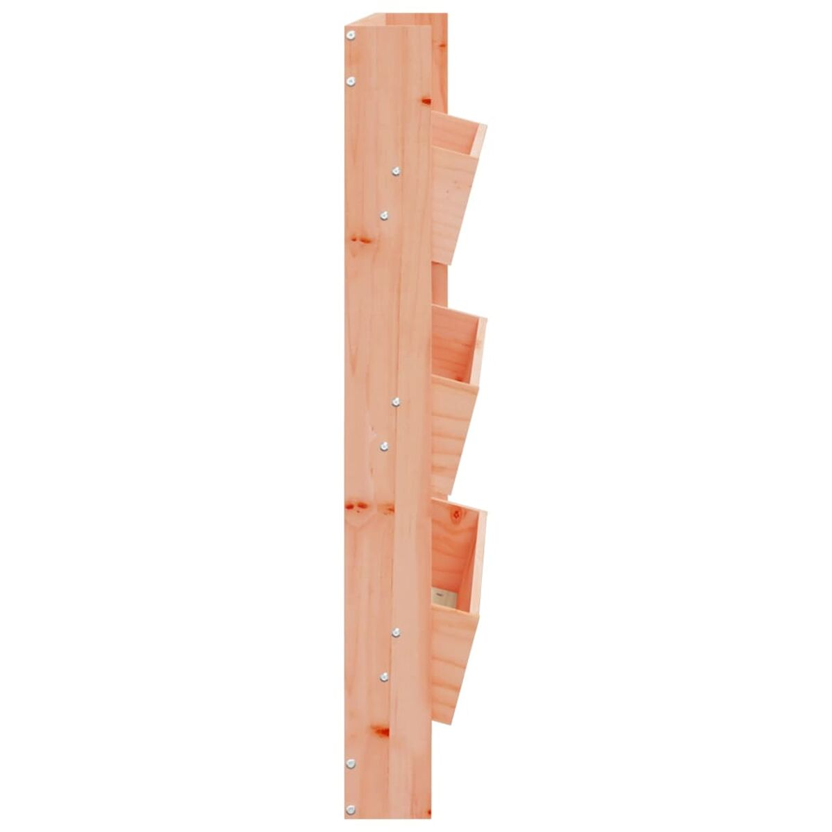Vertikaler Pflanzkasten aus hellem Holz mit drei Regalen.