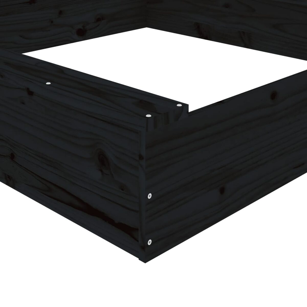 Cornice in legno nero. Venature e viti visibili. Sfondo bianco. Vista angolare.